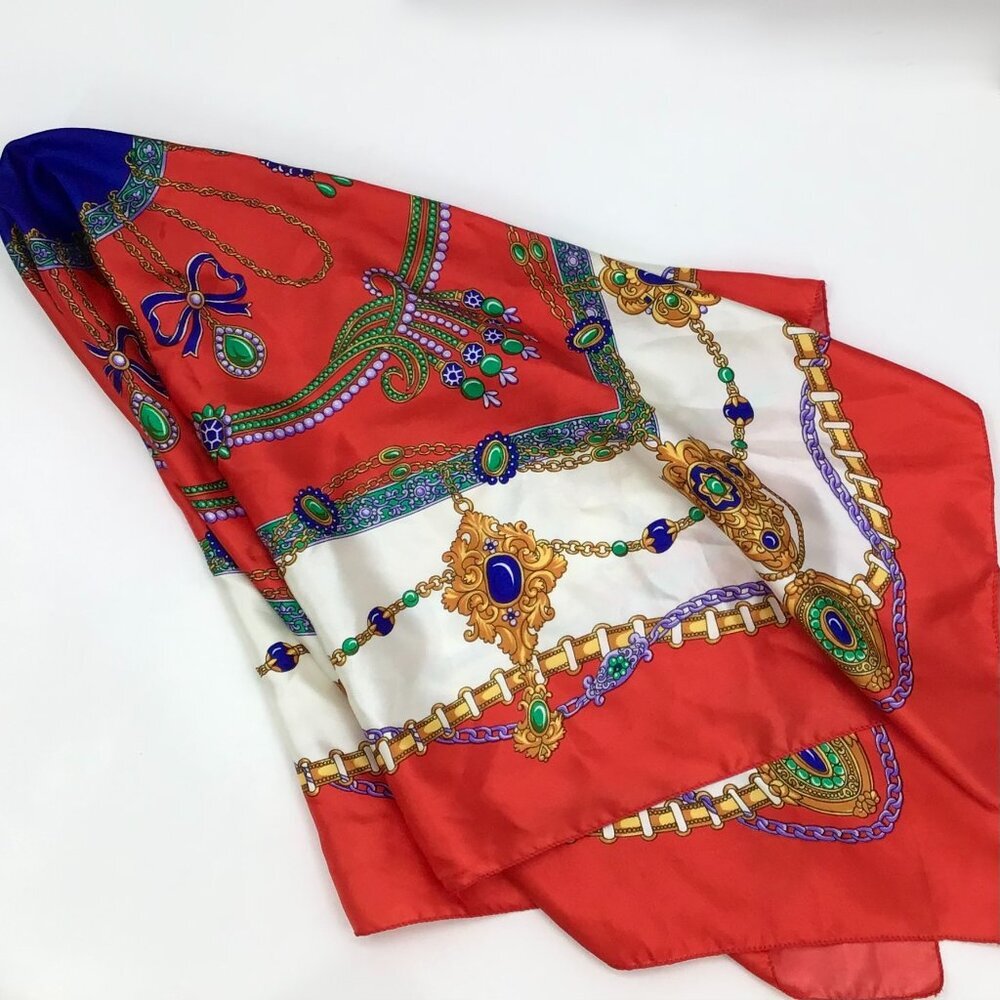 Women's Colorful Vintage Large Square Scarf Jewels Christmas Colors Retro 1980s - Picture 2 of 14